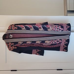 BCBGMaxAzria Navy Blue Cardigan with Pink and Cream Pattern